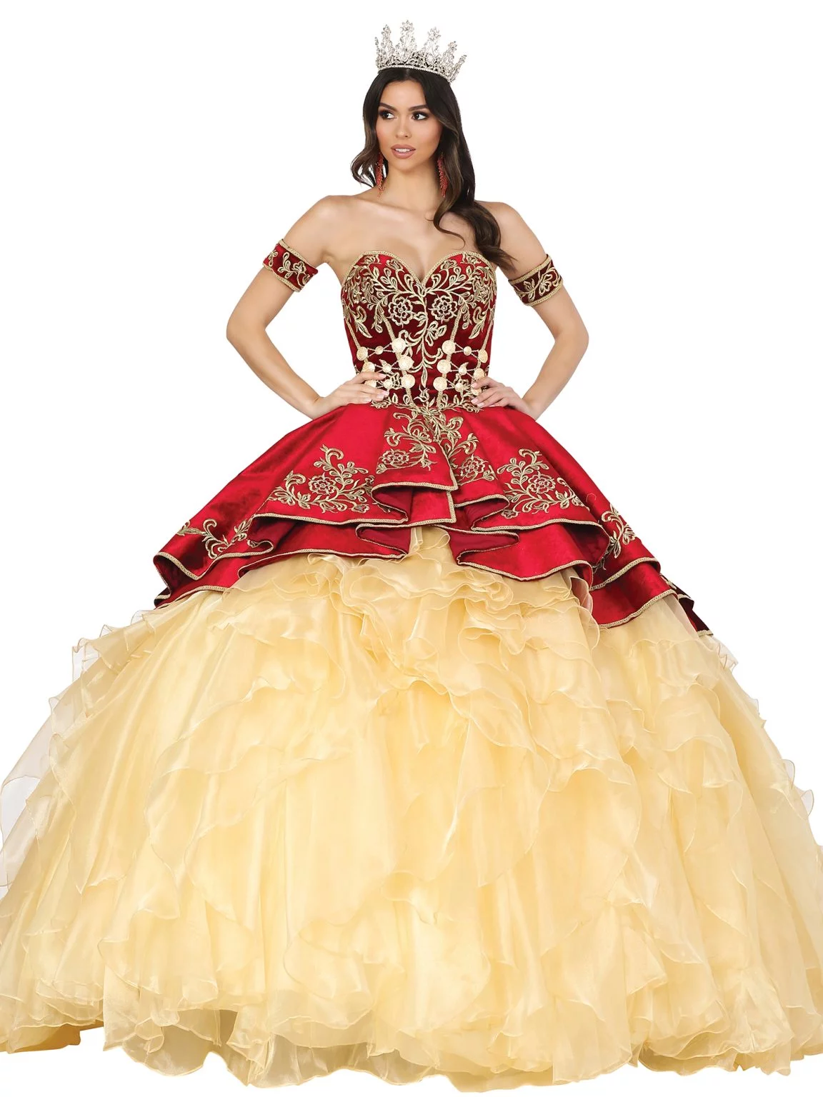 Off-the-Shoulder Embroidered Corset Bodice Gown with Layered Tulle Skirt and Sequin Detailing Quinceanera Dress 1529 by Dancing Queen
