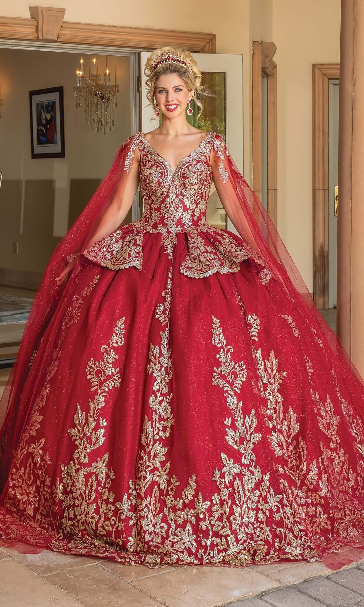 Grandiose Floral Embellished Ball Gown with Sheer Long Sleeves and Majestic Overlay Skirt Quinceanera Dress 1781 By Dancing Queen