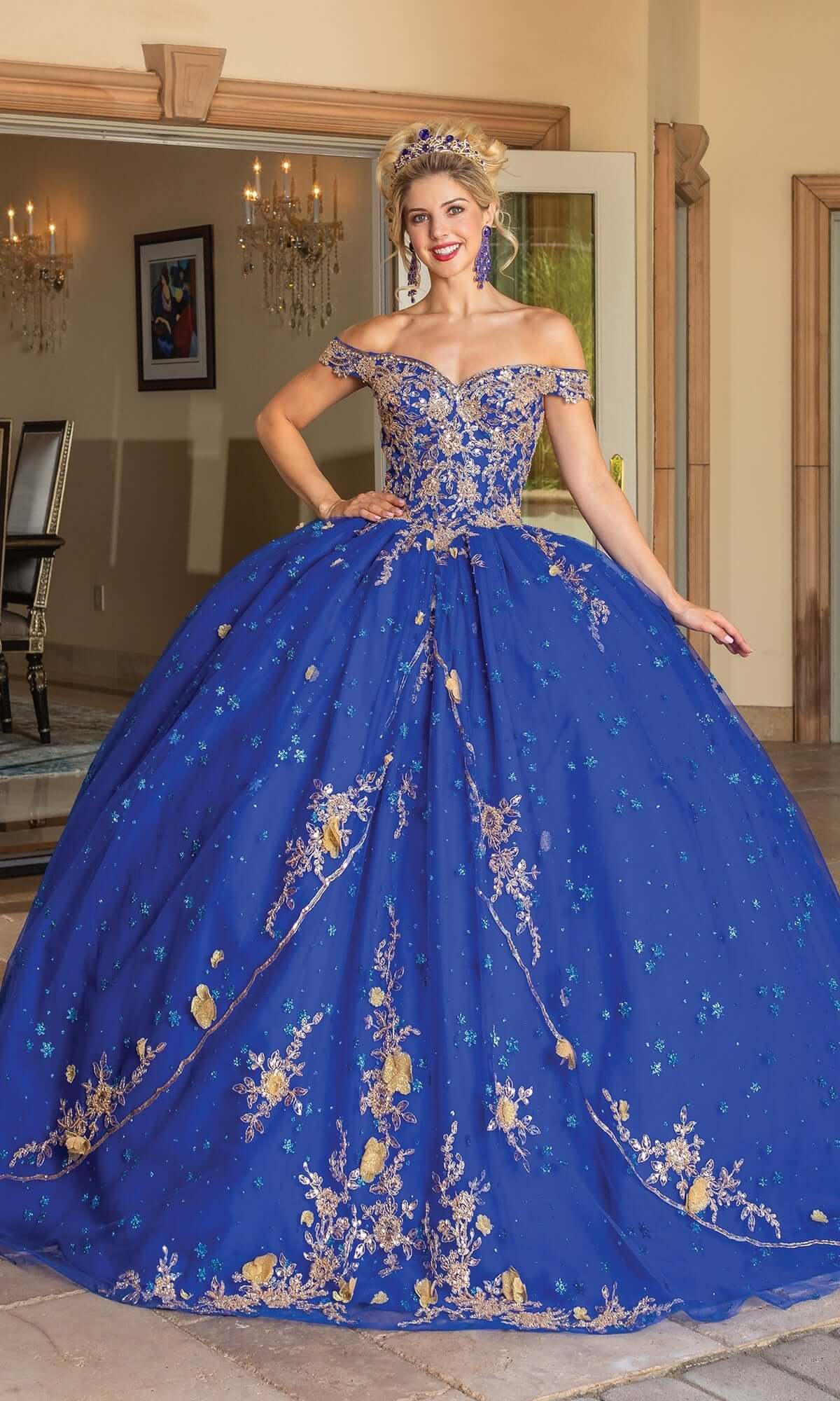 Enchanting Off-the-Shoulder Ball Gown with Beaded Lace Appliqués and Glitter Tulle Overlay Quinceanera Dress 1796 By Dancing Queen