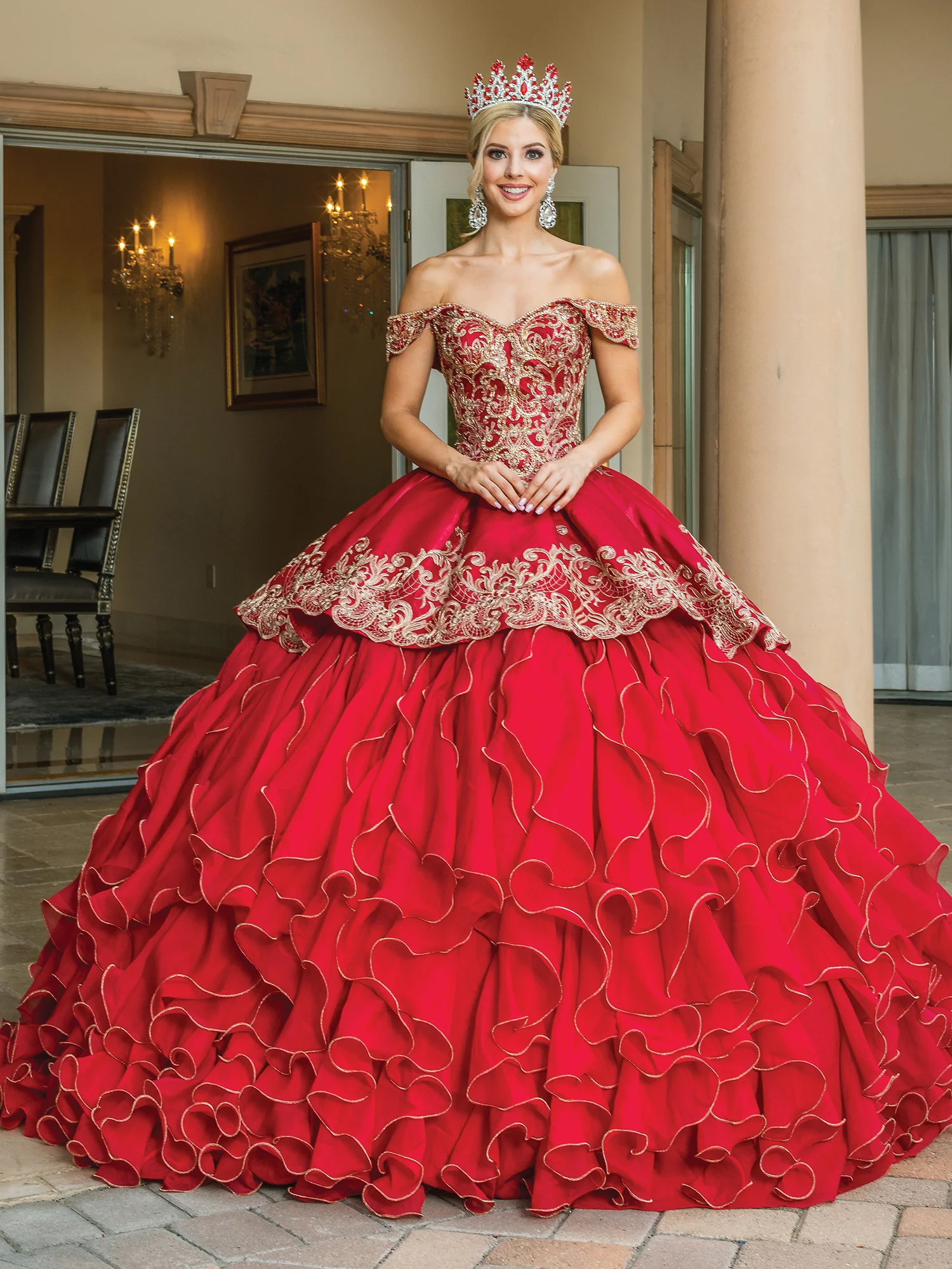 Off-the-Shoulder Ball Gown with Beaded Embroidery and Cascading Ruffle Skirt Quinceanera Dress 1599 by Dancing Queen
