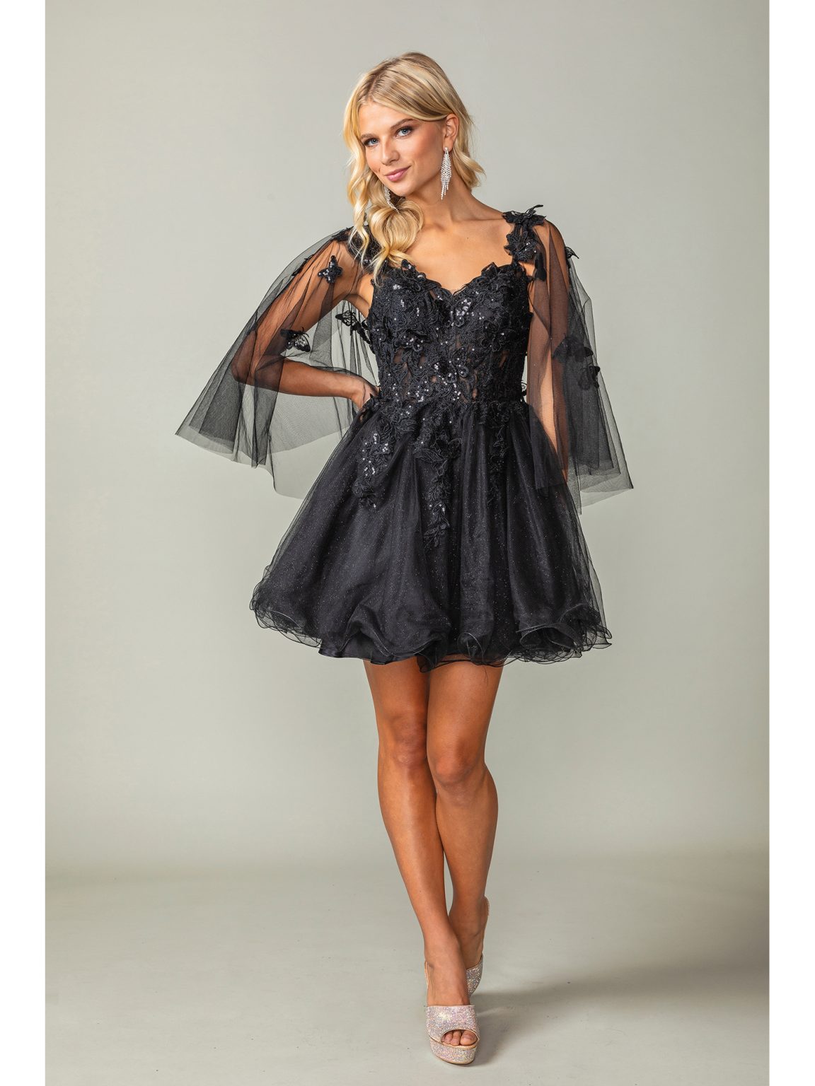 Floral Appliqué Sheer Sleeve Short Dress with Beaded Detailing and Tulle Skirt Hom